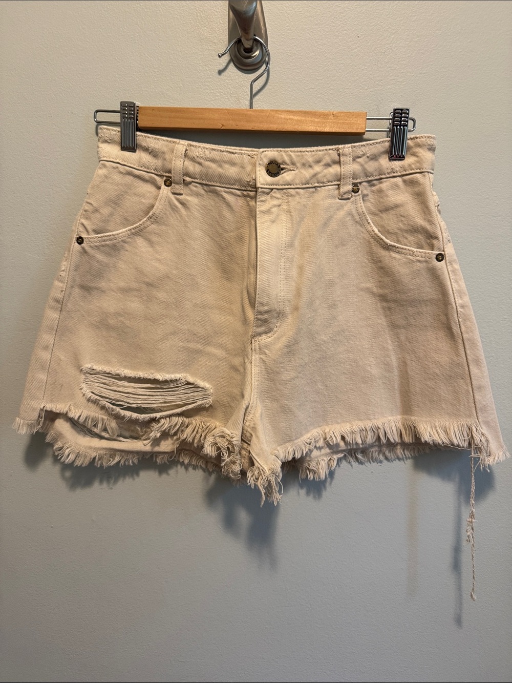 ROLLA'S Cream Distressed High-Rise Denim Shorts